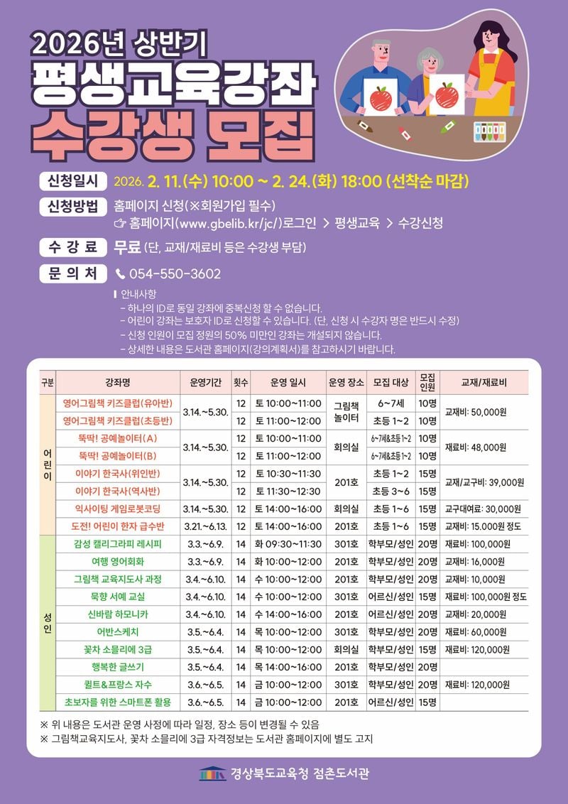 점촌도서관, 상반기 평생교육강좌 수강생 모집