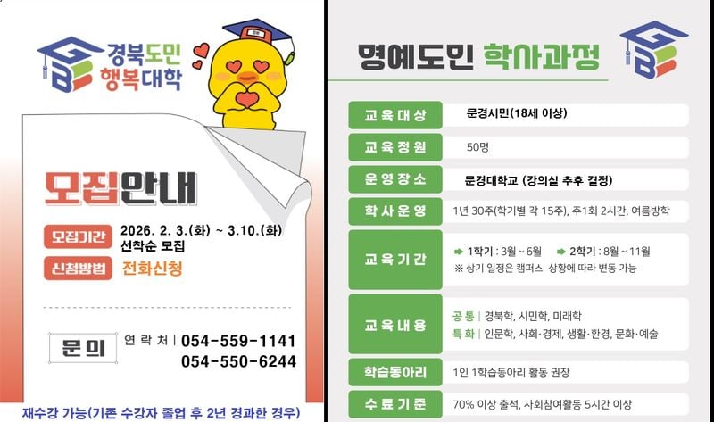 경북도민행복대학 문경시캠퍼스 명예학사과정 신입생 모집