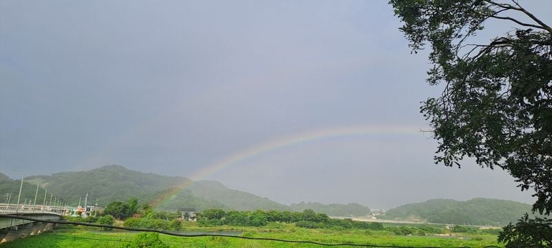 문경시 산양면 반곡리 하늘에 뜬 무지개. /채광숙 시인이 흥덕동 영강교에서 찍은 사진